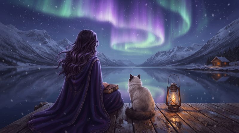Una mujer de espaldas, con capa morada, sentada en un muelle junto a su gata y un farol, frente a un fiordo con aurora.