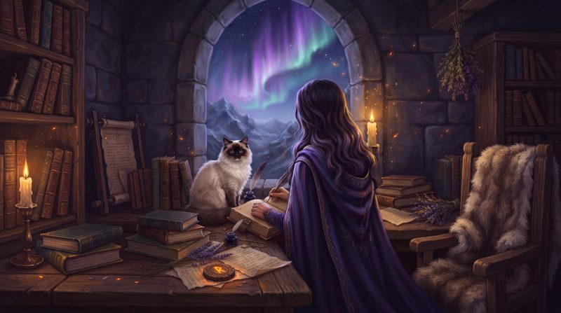 Una escritora de espaldas, con capa morada, escribe junto a una ventana con aurora; una gata ragdoll la mira desde la mesa.