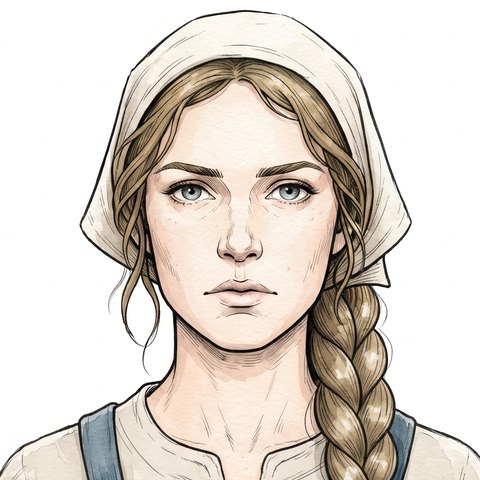 Retrato de Ása: mujer seria con pañuelo en la cabeza, una trenza larga y un vestido azul con broches.