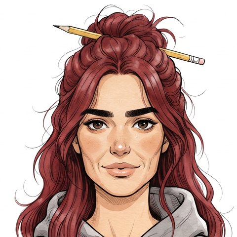Retrato de Candela: pelo caoba, largo y ondulado, recogido con un lápiz de carpintero, y una sudadera gris con un gatito.