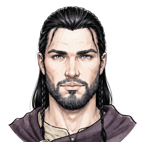 Retrato de Einar: pelo negro y largo con dos trenzas finas, barba corta, ojos grises y capa morada.