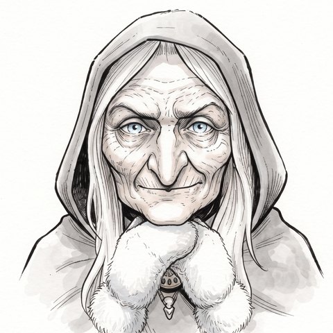 Retrato de Heid: una mujer muy anciana con capucha gris, la mirada viva y guantes de piel blanca.