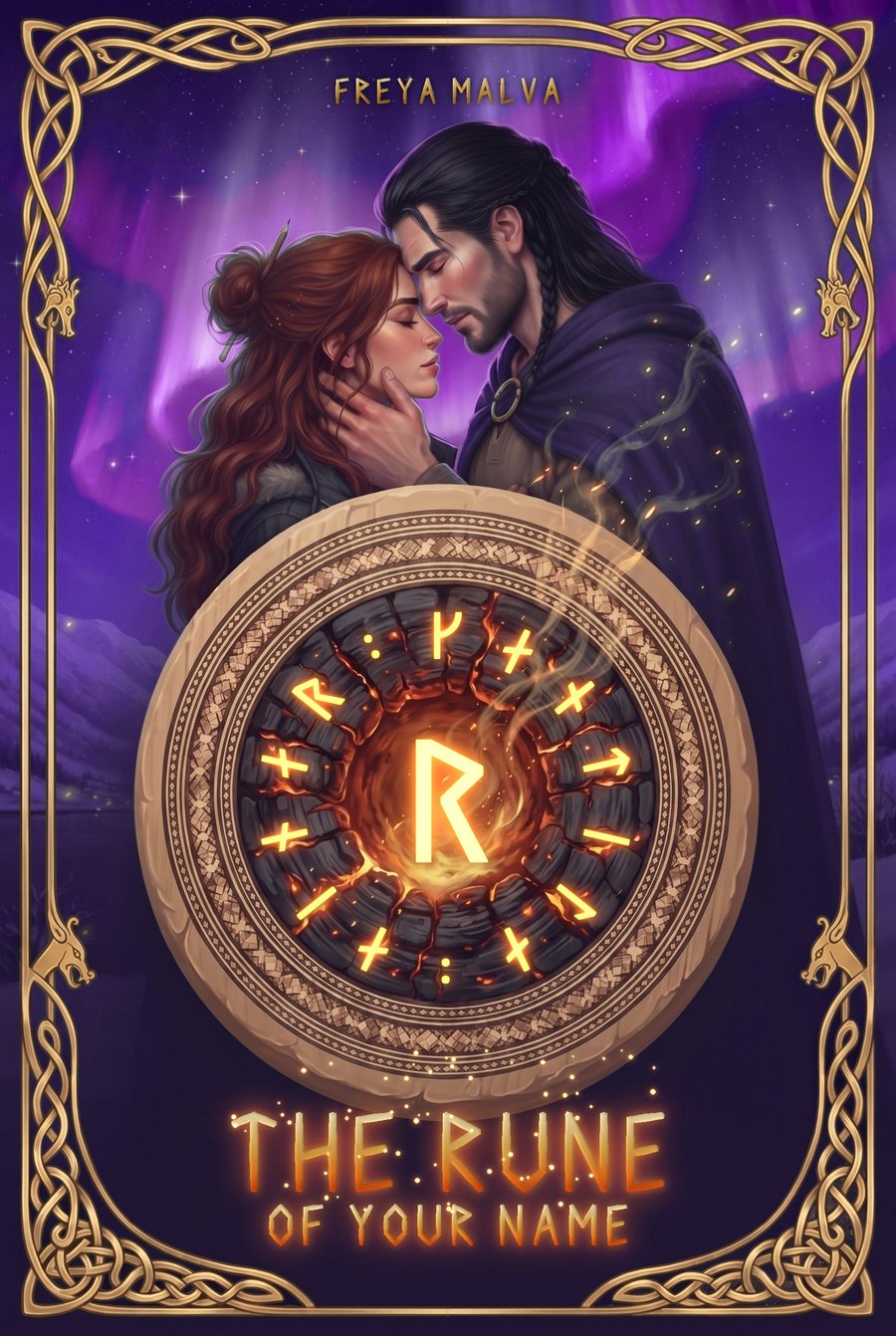 Cover of The Rune of Your Name: a couple embracing under a purple aurora, behind a circle of burned wood with glowing runes.